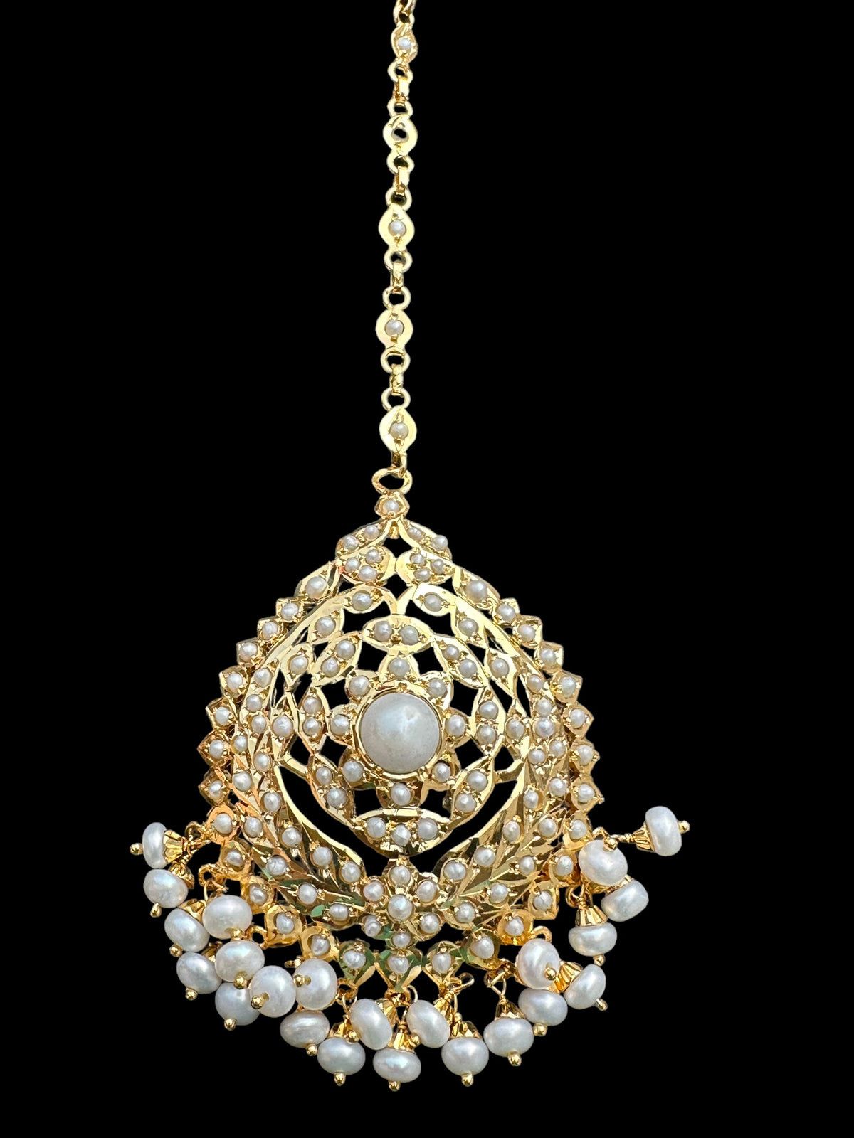 Gold plated silver tikka in fresh water pearls ( SHIPS IN 5 WEEKS )