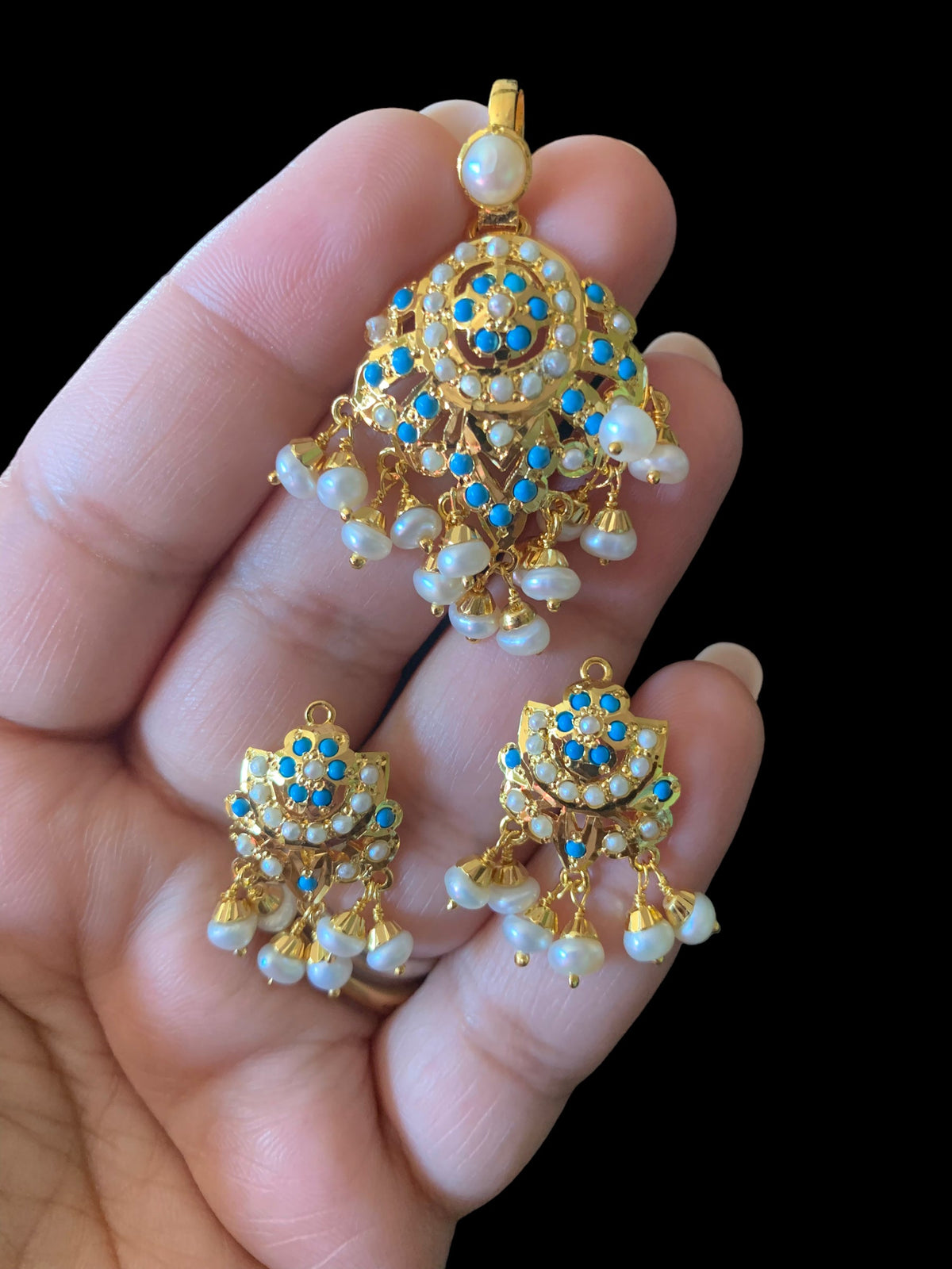 Gold plated silver pendant set in turquoise / feroza ( SHIPS IN 5 WEEKS )