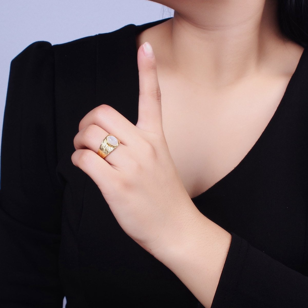 Labradorite, Moonstone Natural Gemstone Oval Line-Textured Gold Band Ring | O-1862~O-1863