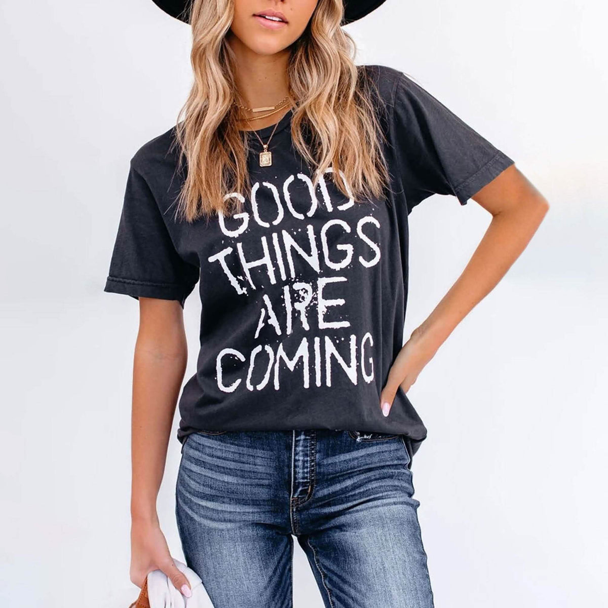 Letters Print Round Neck Short Sleeve Casual T-Shirt