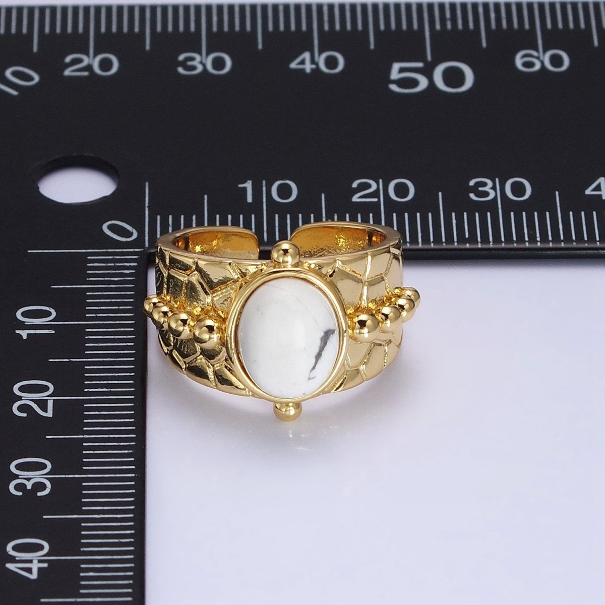 Magnesite, White Opal, Lapis Lazuli Natural Gemstone Beaded Lined Textured Gold Band Ring | O-1859 O-1860 O-1861