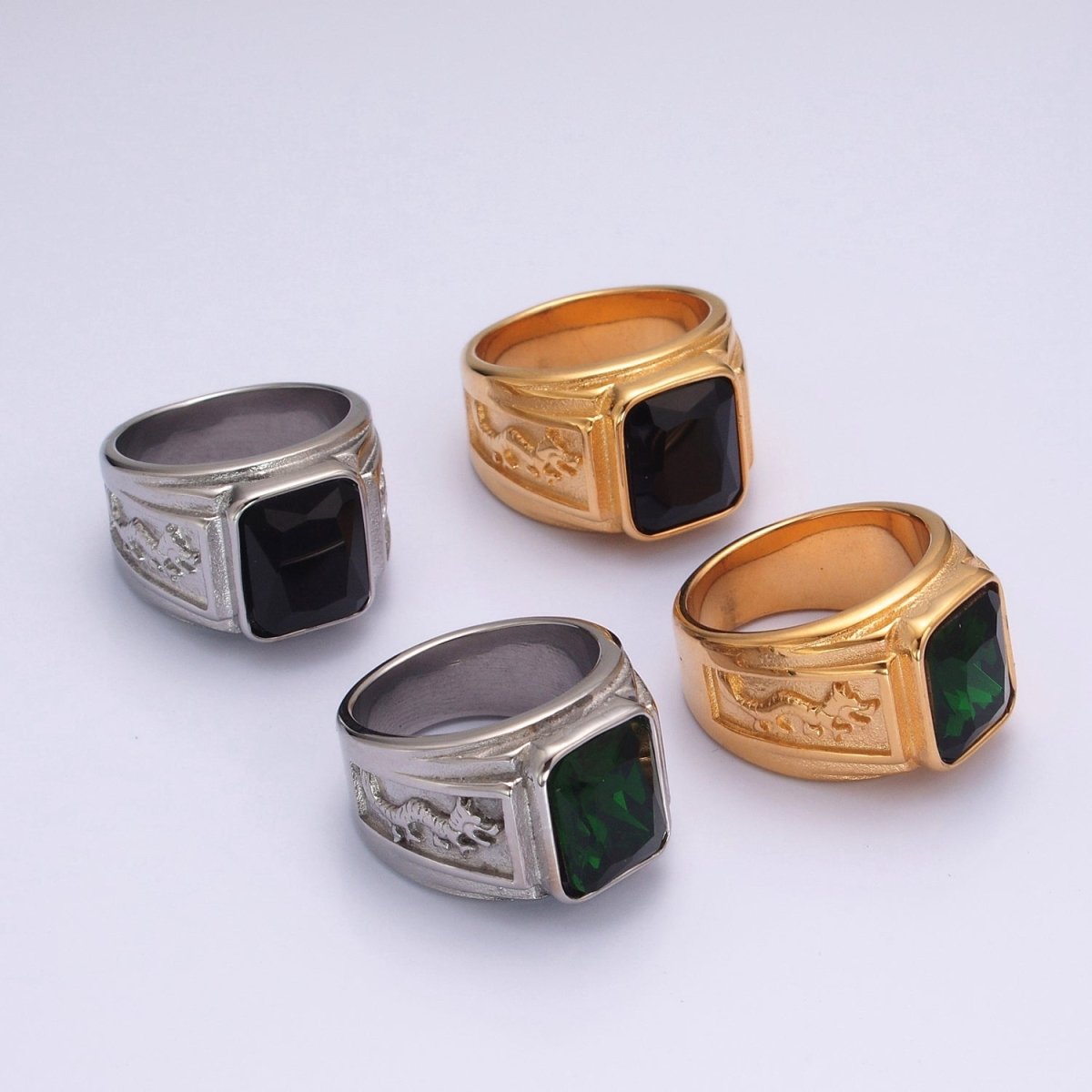 Men Signet Ring, Stainless Steel Midi Rings for Men Dragon Rings Silver Black Stone O-806~O-812