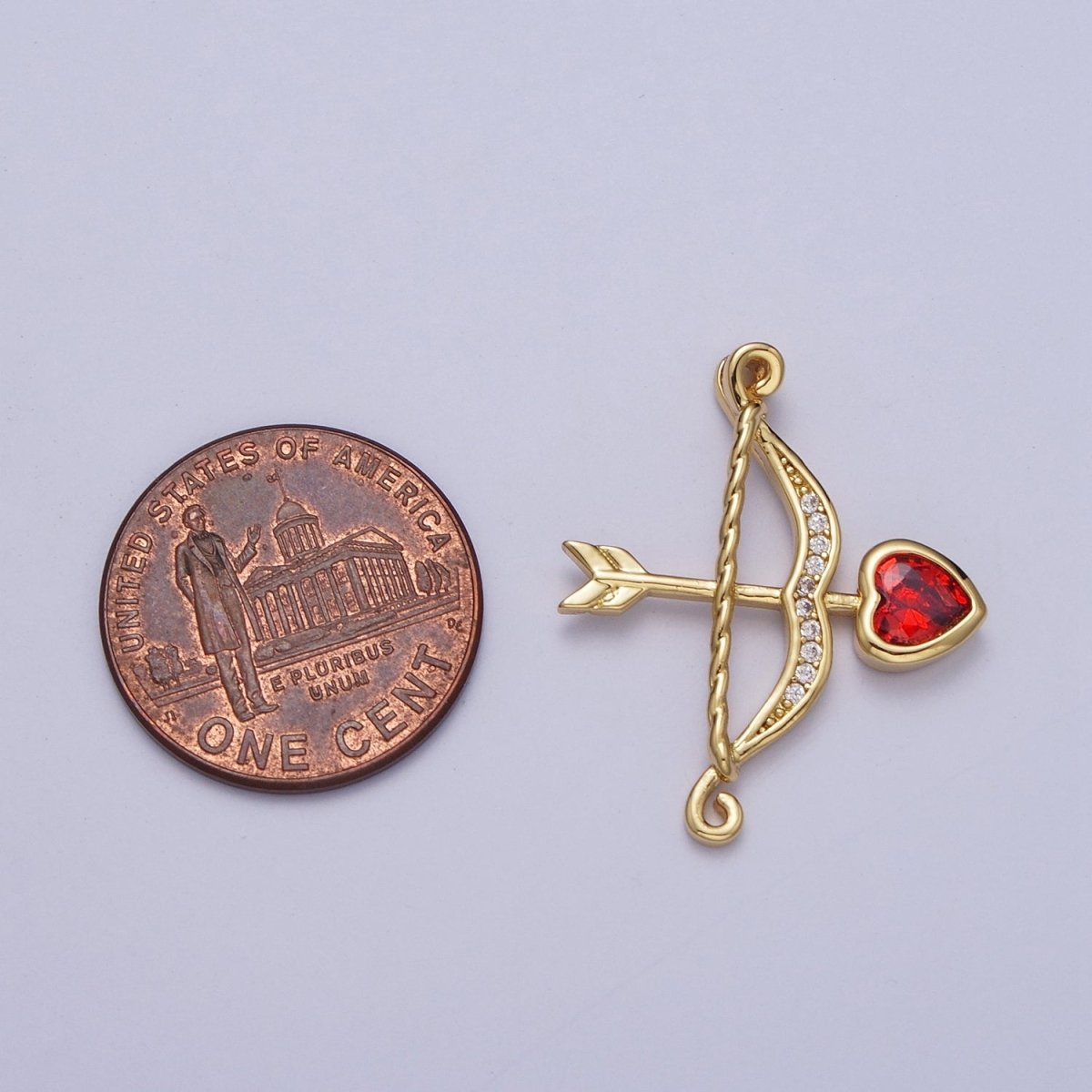 Micro Pave Archery Bow & Arrow with Red Heart Cubic Zirconia Gold Charm For Jewelry Making AG-133