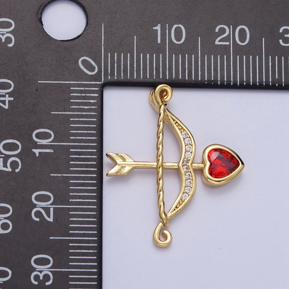 Micro Pave Archery Bow & Arrow with Red Heart Cubic Zirconia Gold Charm For Jewelry Making AG-133