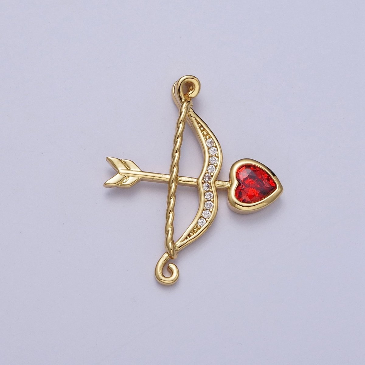 Micro Pave Archery Bow & Arrow with Red Heart Cubic Zirconia Gold Charm For Jewelry Making AG-133