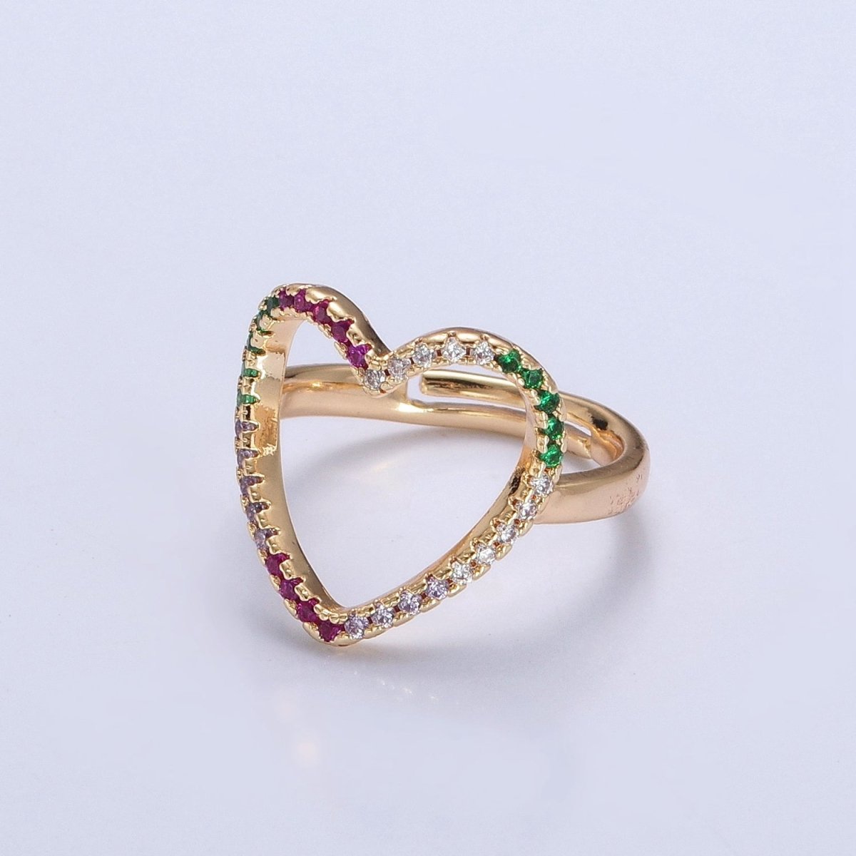Micro Pave Clear Fuchsia Green Cubic Zirconia Heart Adjustable Gold Ring | O-479