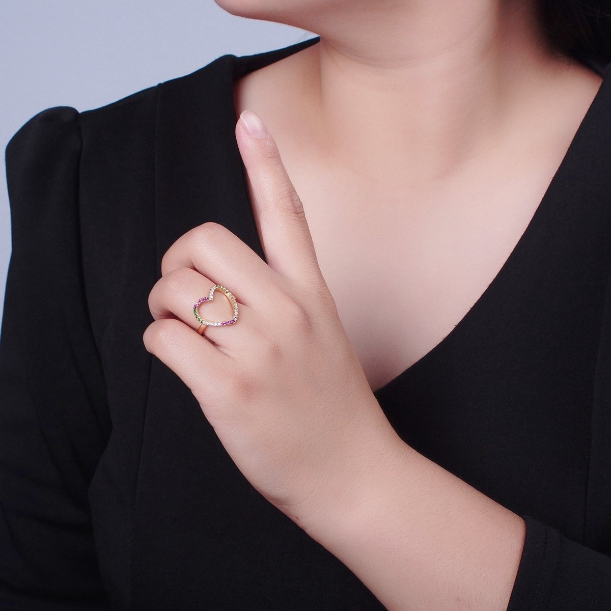 Micro Pave Clear Fuchsia Green Cubic Zirconia Heart Adjustable Gold Ring | O-479