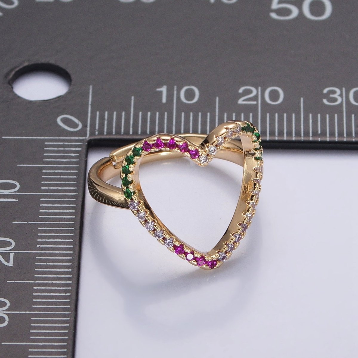 Micro Pave Clear Fuchsia Green Cubic Zirconia Heart Adjustable Gold Ring | O-479