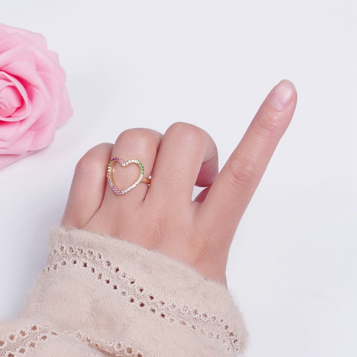 Micro Pave Clear Fuchsia Green Cubic Zirconia Heart Adjustable Gold Ring | O-479