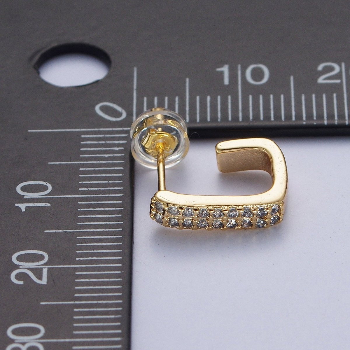 Micro Pave Cubic Zirconia Boxy J Shaped Open Hoop Stud Earrings | AD-484