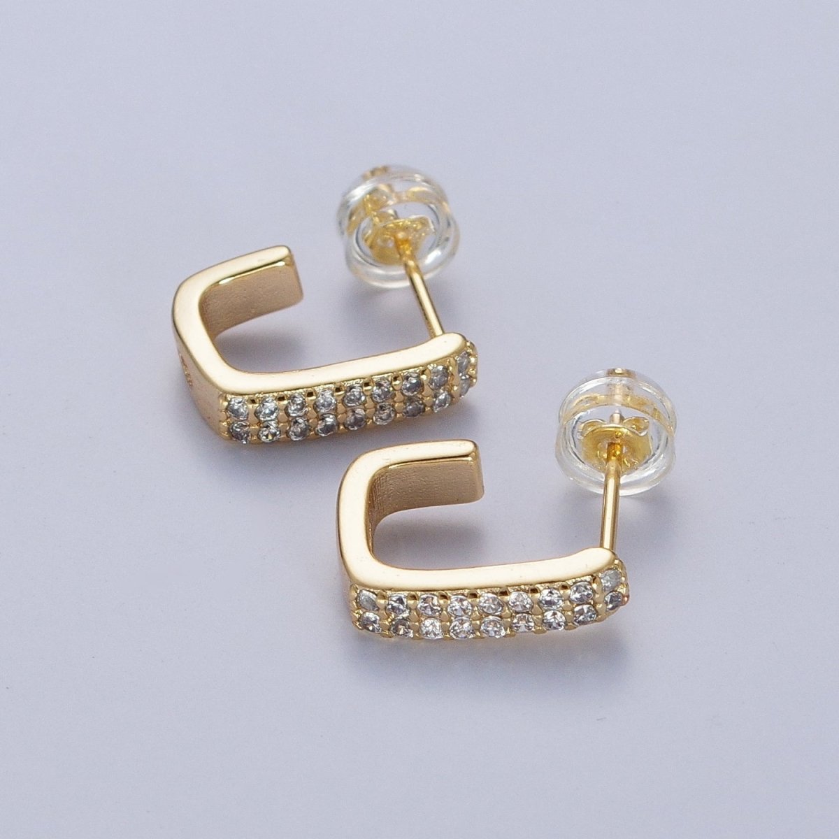 Micro Pave Cubic Zirconia Boxy J Shaped Open Hoop Stud Earrings | AD-484
