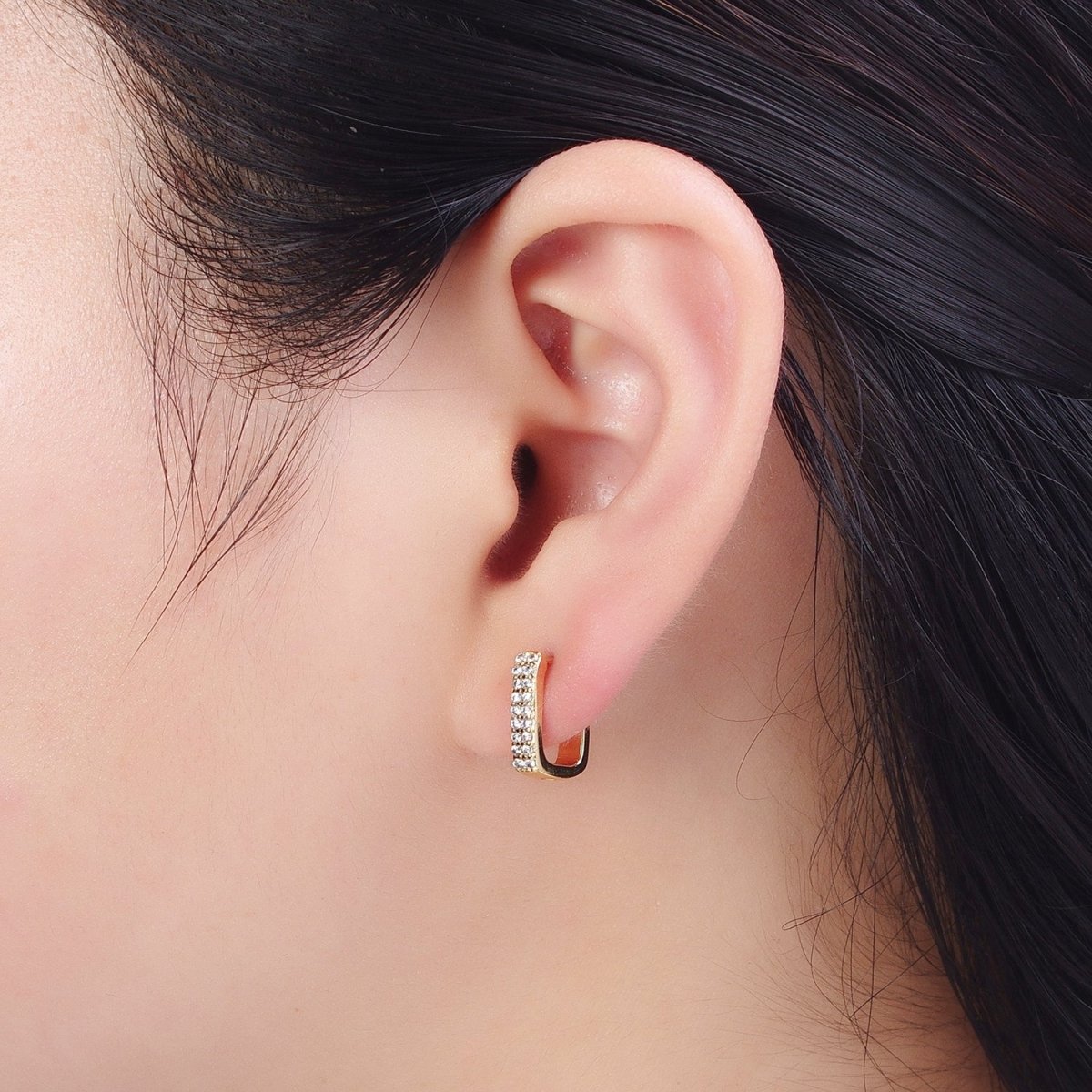 Micro Pave Cubic Zirconia Boxy J Shaped Open Hoop Stud Earrings | AD-484