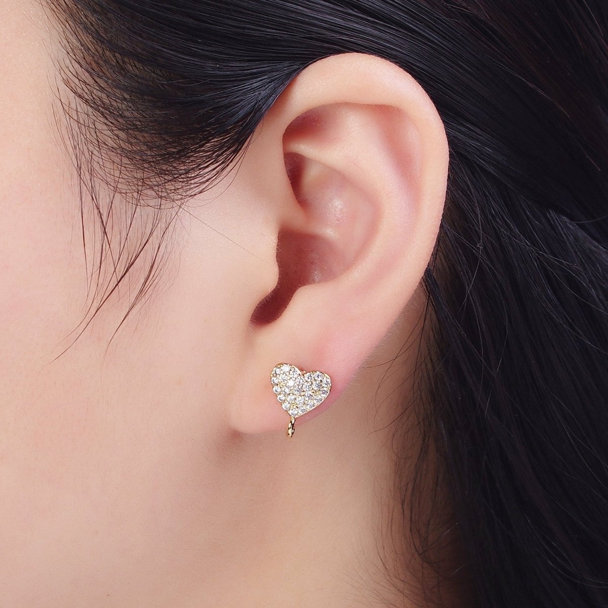 OS Micro Pave Cubic Zirconia Heart Stud Earrings with Open Loop Link, Valentine Love Component For Earrings Making L-872