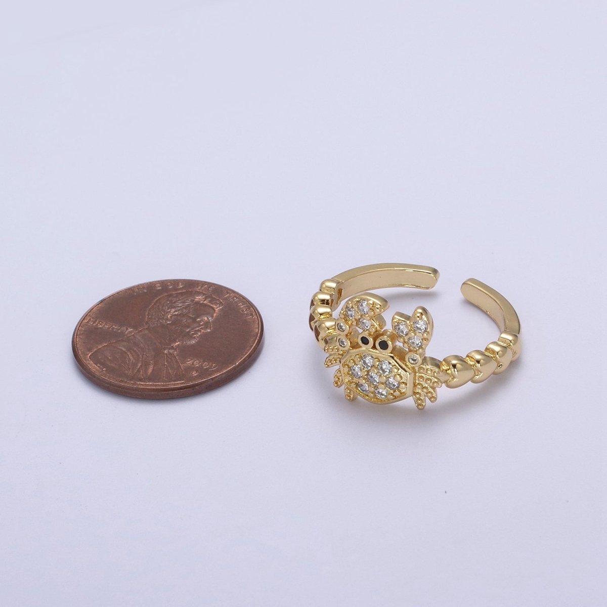 Micro Pave Cute Crab Ring, Heart Textured Gold Adjustable Band Ring, 24K Gold Filled Nature Ocean Wildlife Under The Sea Ring U-440