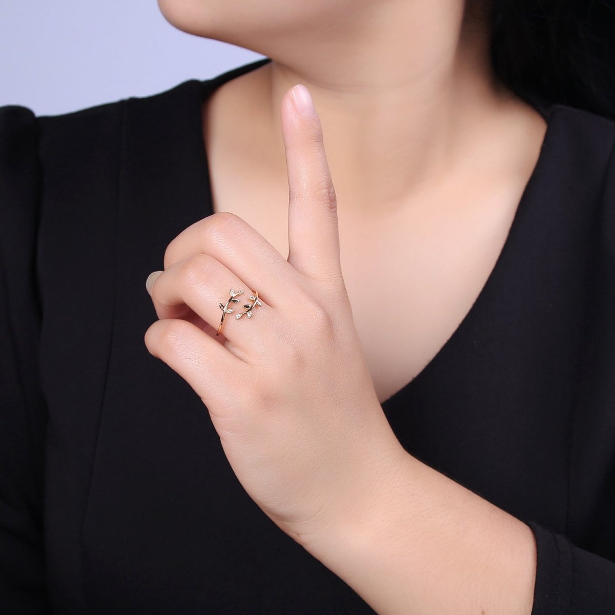 Micro Pave Olive Vine Leaf Adjustable Ring, Crystal Cubic Zirconia CZ Mother Nature Stacking Ring, Minimalist 16K Gold Filled Ring, Gift For Her Plant Mom U-436