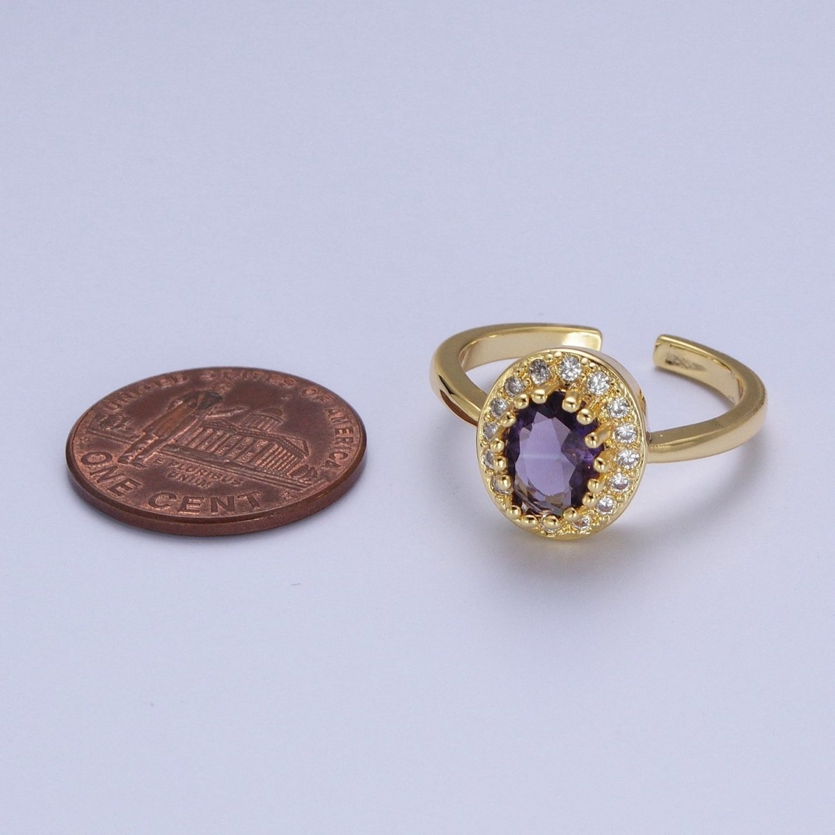 Micro Pave Oval Purple Amethyst Cubic Zirconia CZ Adjustable Gold Ring S-248