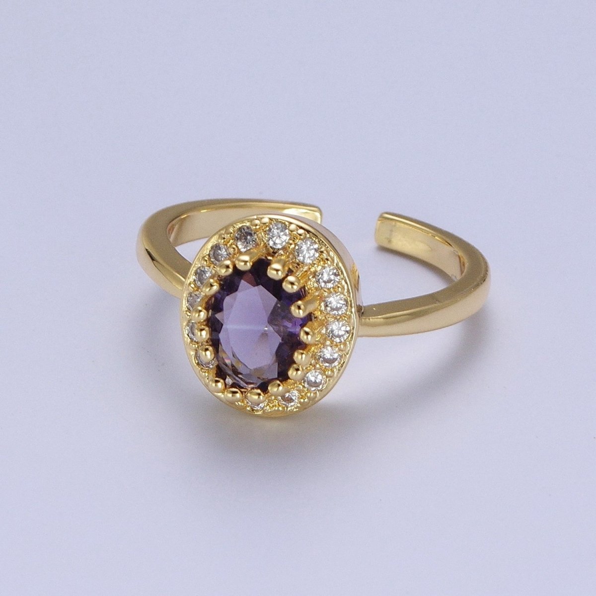 Micro Pave Oval Purple Amethyst Cubic Zirconia CZ Adjustable Gold Ring S-248