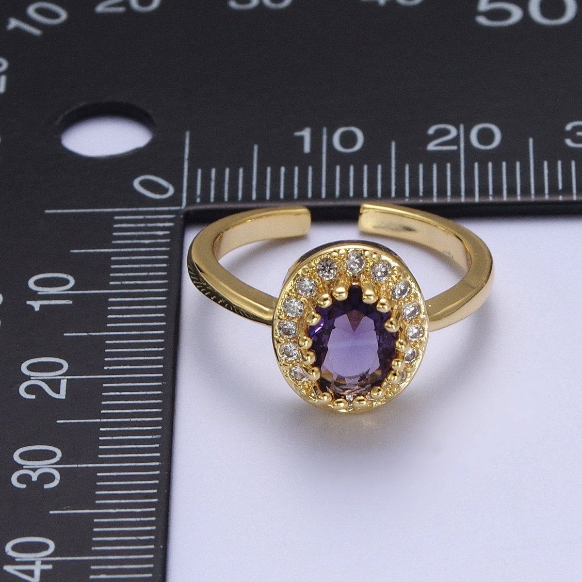Micro Pave Oval Purple Amethyst Cubic Zirconia CZ Adjustable Gold Ring S-248