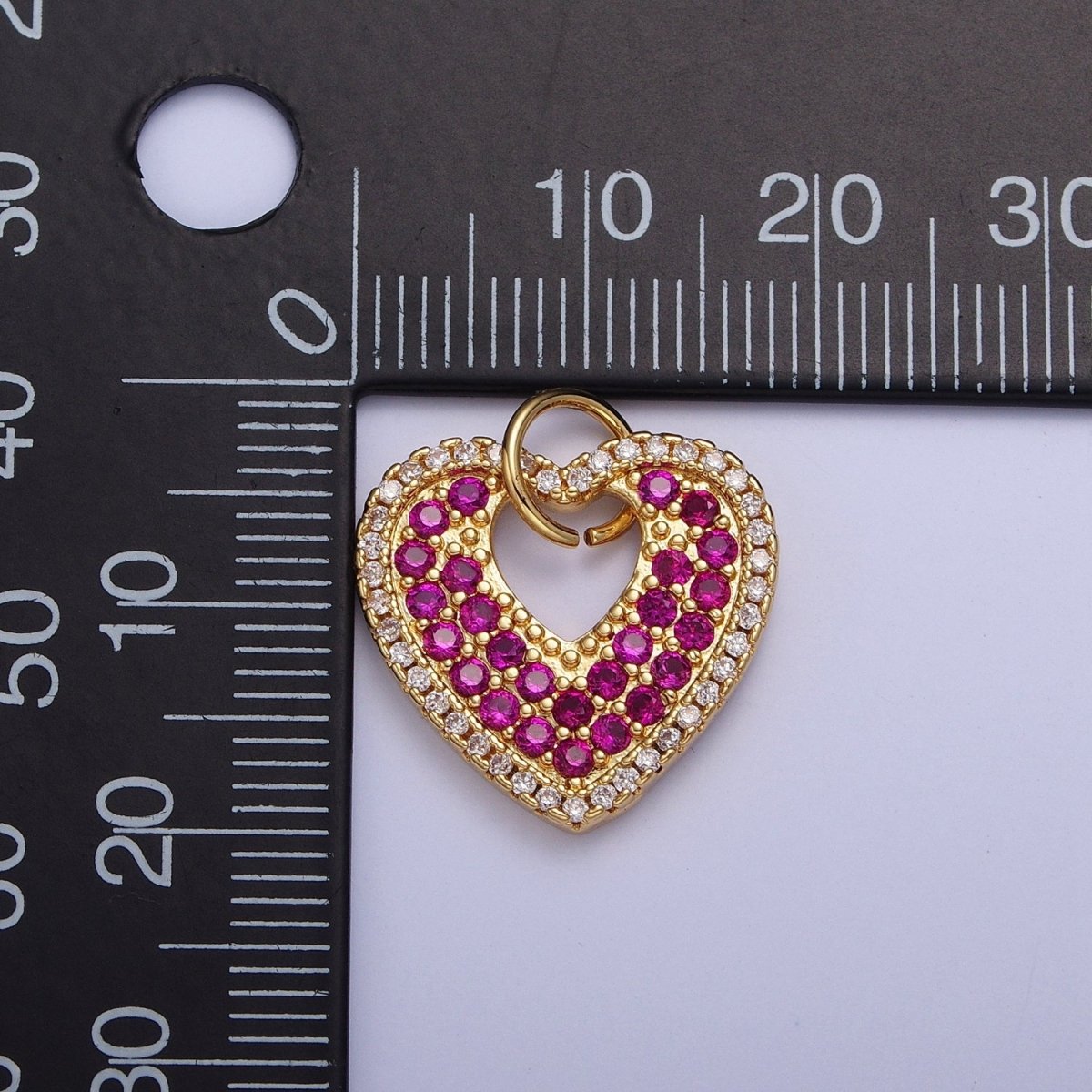 Micro Paved Clear Fuchsia Love Gold Heart Open Charm For Valentine Jewelry Component | C-769