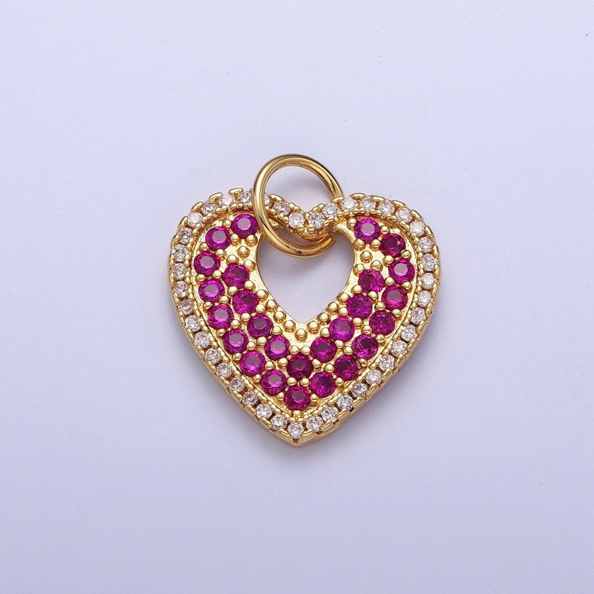 Micro Paved Clear Fuchsia Love Gold Heart Open Charm For Valentine Jewelry Component | C-769
