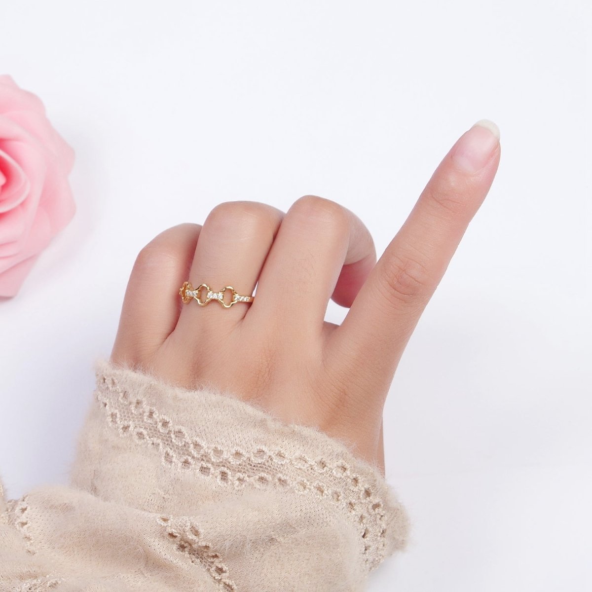 Micro Paved Cubic Zirconia Quatrefoil Clover Chain Link Adjustable Gold Ring | U-058