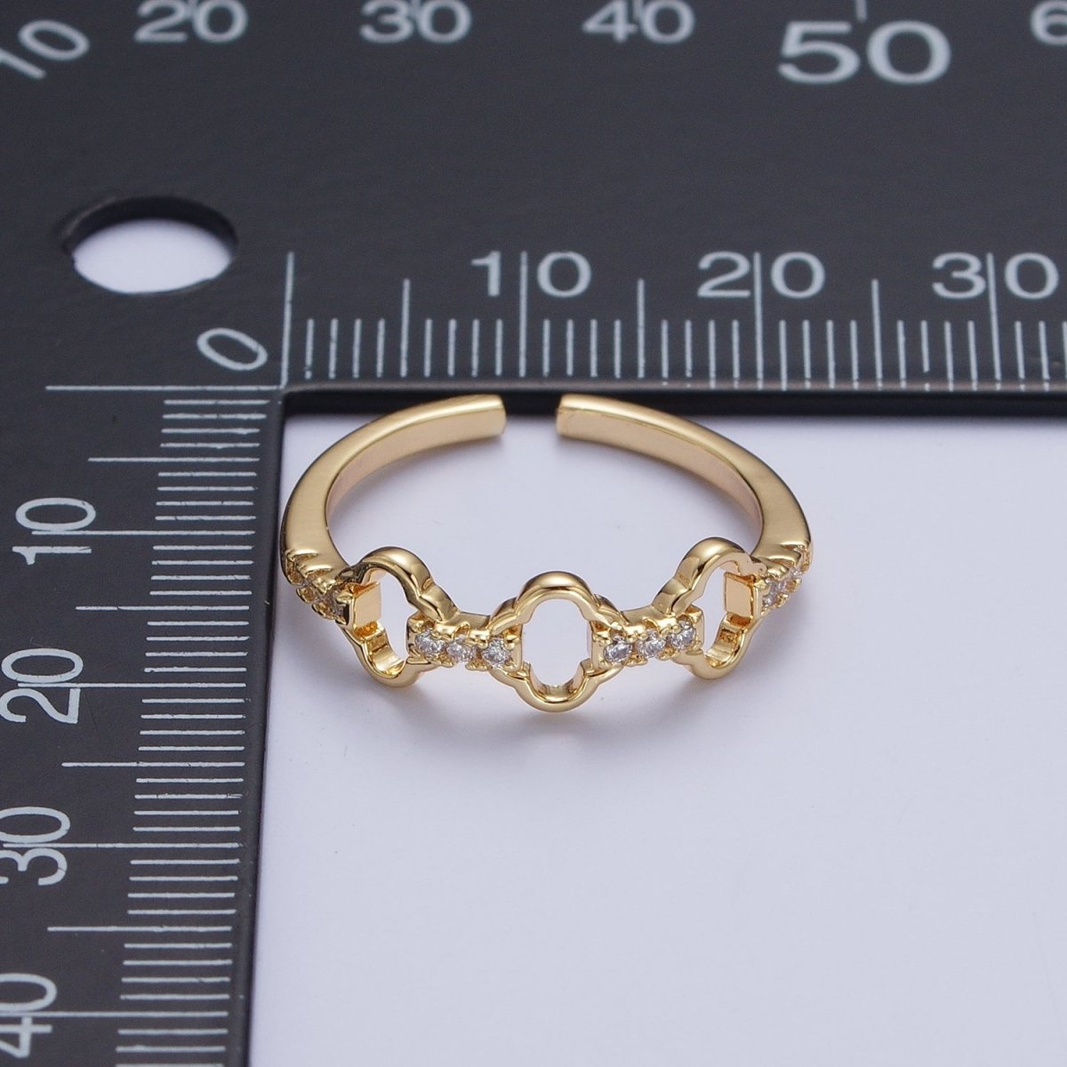 Micro Paved Cubic Zirconia Quatrefoil Clover Chain Link Adjustable Gold Ring | U-058