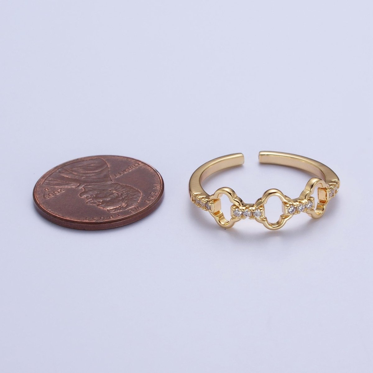 Micro Paved Cubic Zirconia Quatrefoil Clover Chain Link Adjustable Gold Ring | U-058