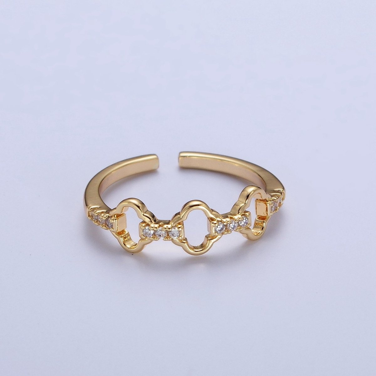 Micro Paved Cubic Zirconia Quatrefoil Clover Chain Link Adjustable Gold Ring | U-058