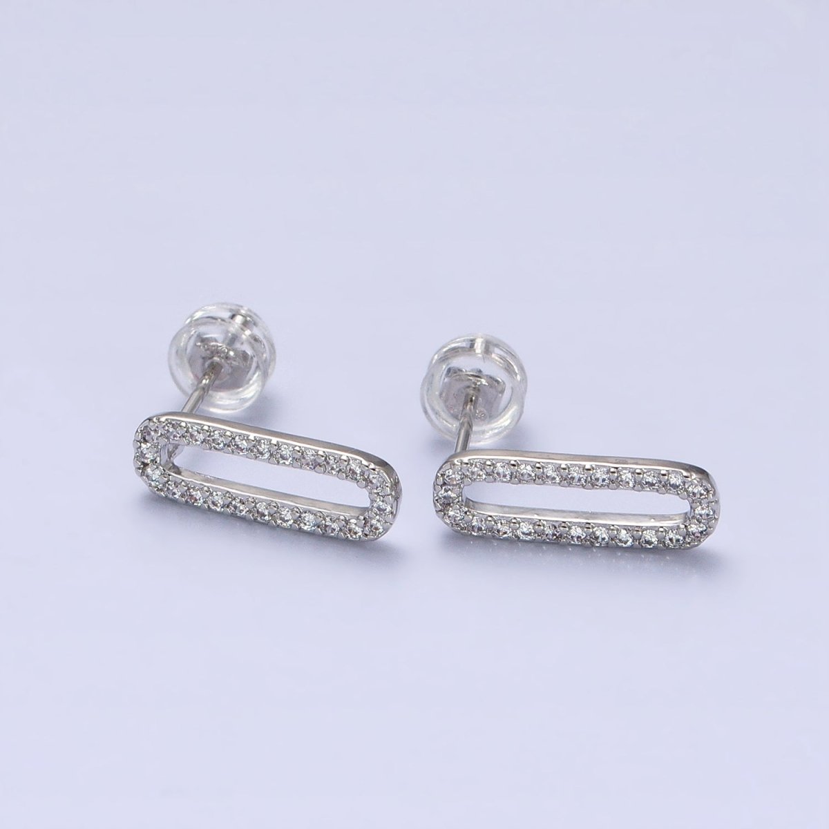 Micro Paved CZ 14.5mm Oblong Paperclip Link Stud Earrings in Gold & Silver | AB394 AB397