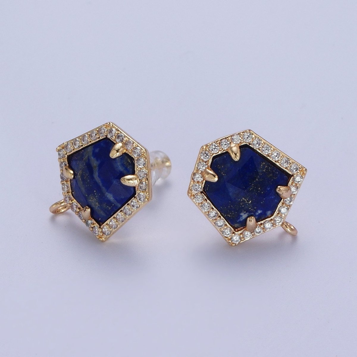 Micro Paved CZ Blue Lapiz, Purple Amethyst, Abalone Open Loop Stud Hexagon Geometric Earrings K-143 K-153 K-154