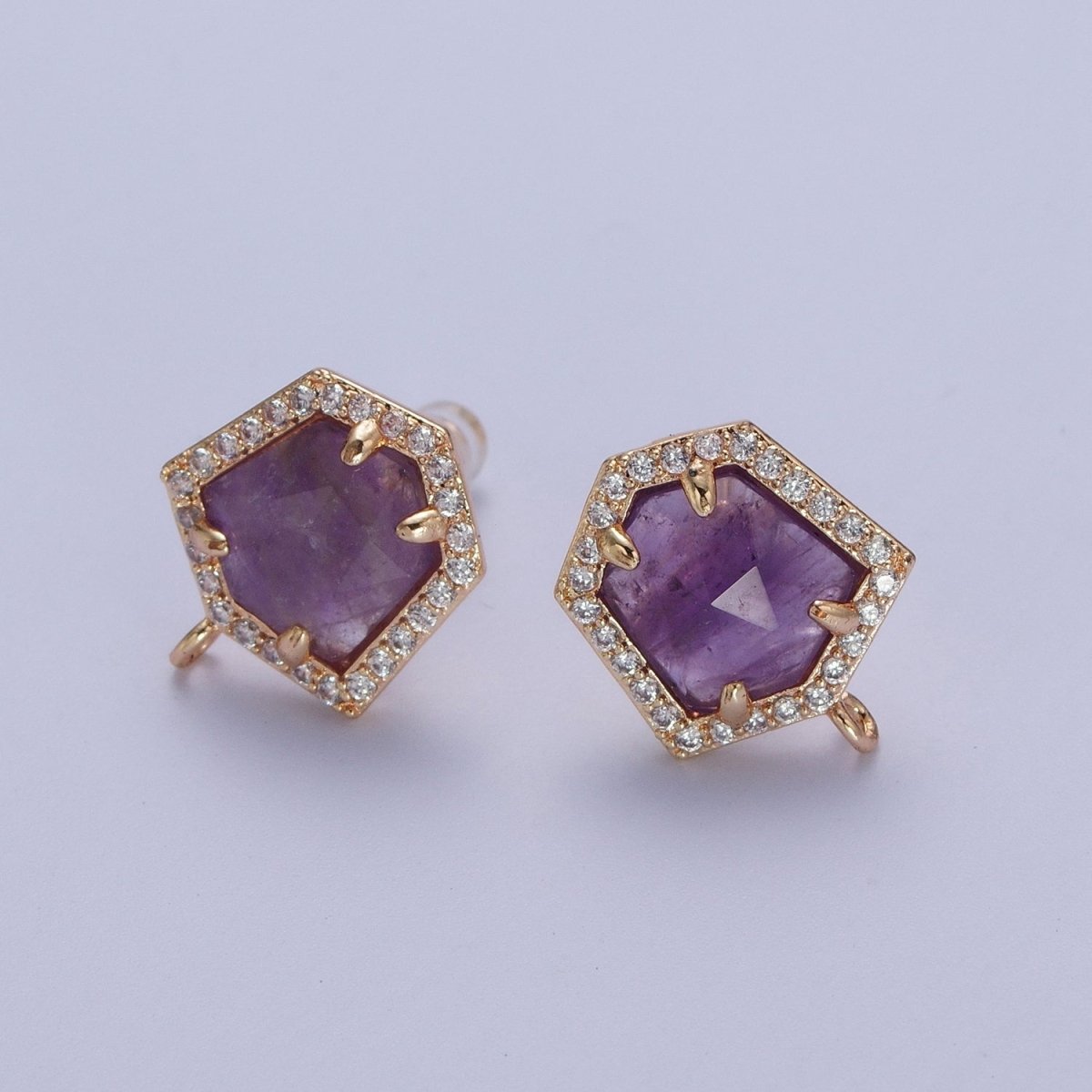 Micro Paved CZ Blue Lapiz, Purple Amethyst, Abalone Open Loop Stud Hexagon Geometric Earrings K-143 K-153 K-154