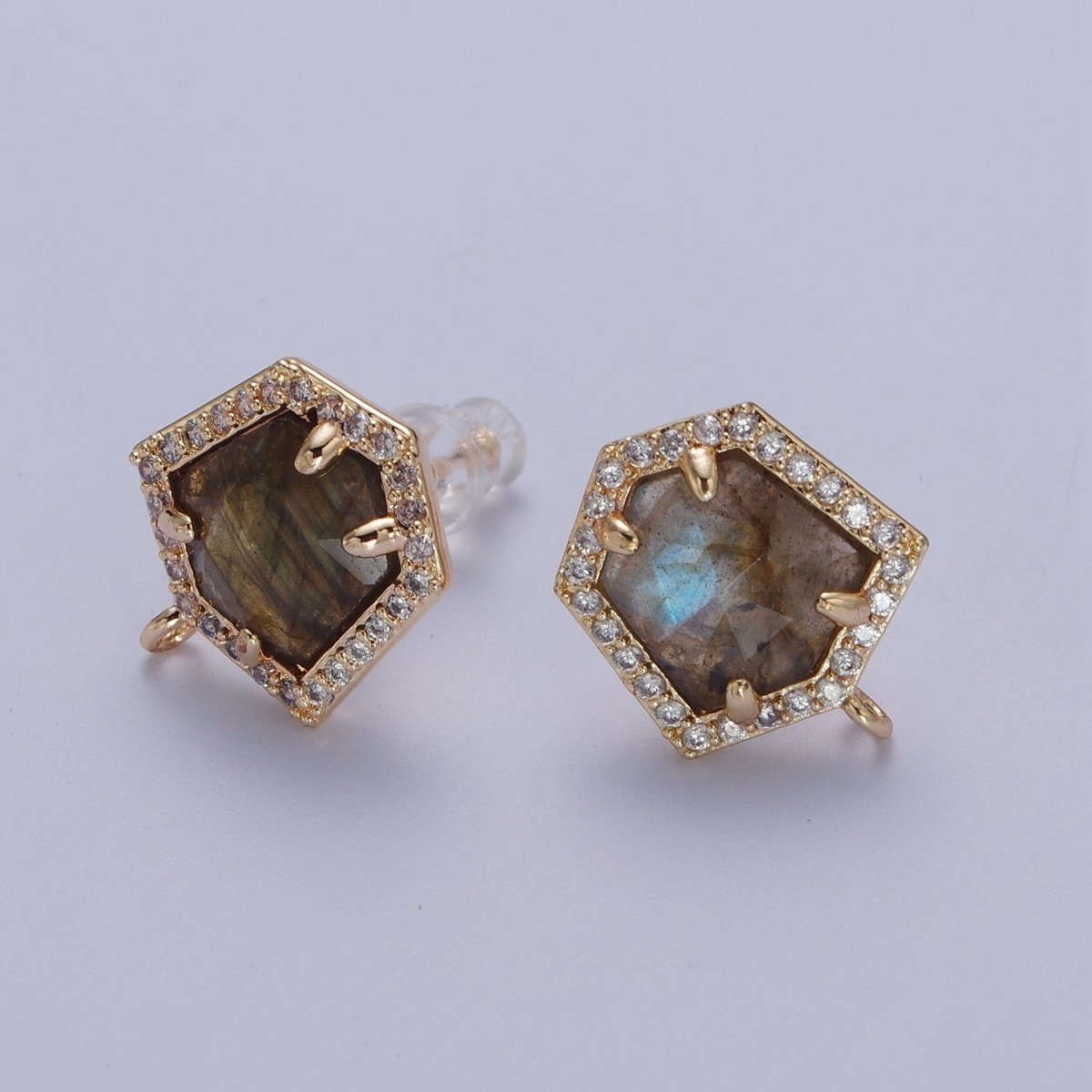 Micro Paved CZ Blue Lapiz, Purple Amethyst, Abalone Open Loop Stud Hexagon Geometric Earrings K-143 K-153 K-154