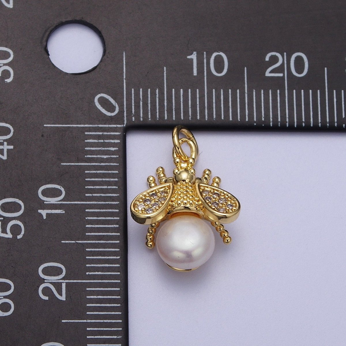 Micro Paved CZ Dotted Gold Bumble Bee Insect Round White / Purple Pearl Charm | N-714