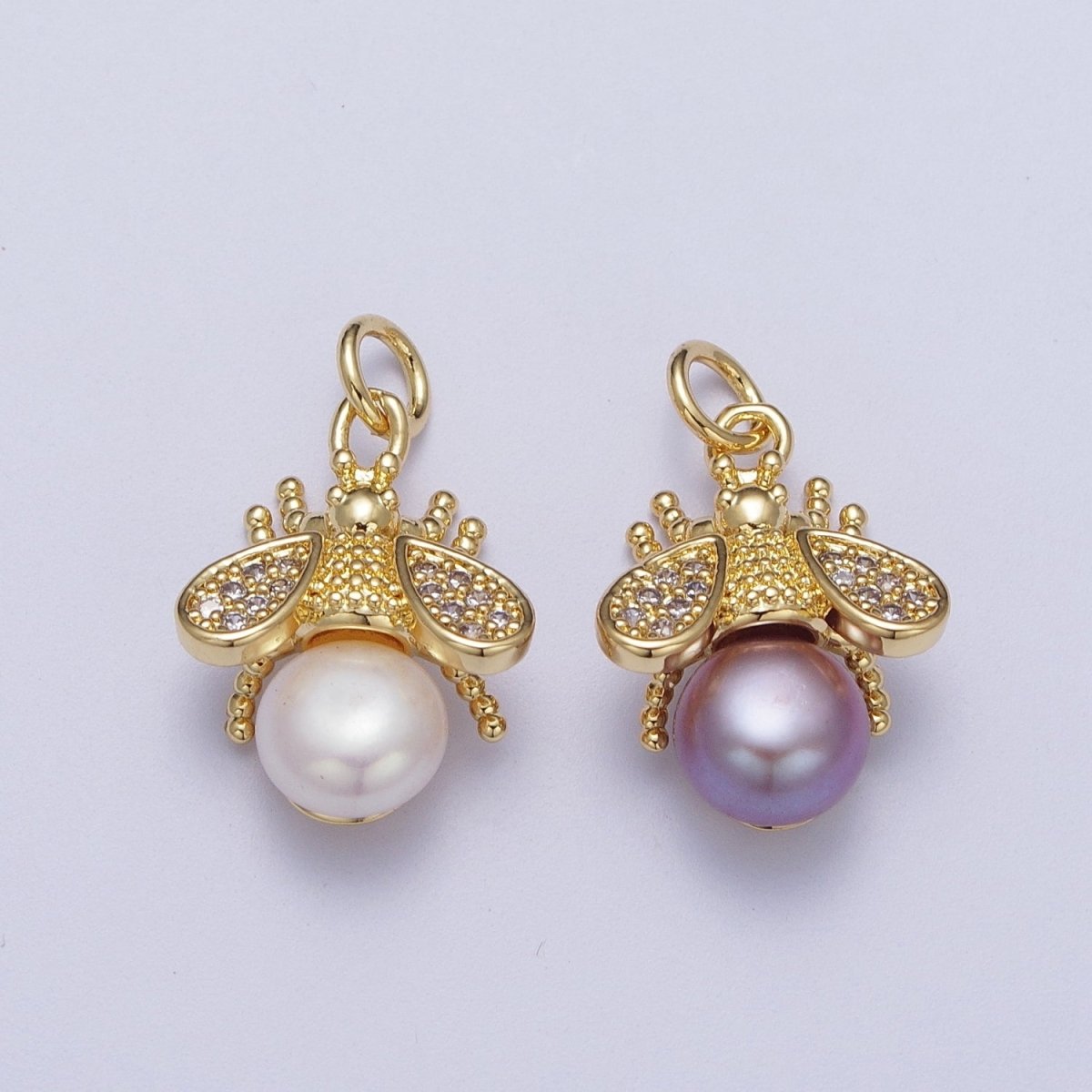 Micro Paved CZ Dotted Gold Bumble Bee Insect Round White / Purple Pearl Charm | N-714