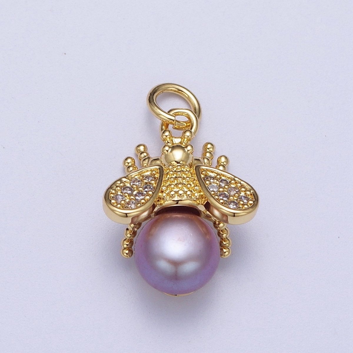 Micro Paved CZ Dotted Gold Bumble Bee Insect Round White / Purple Pearl Charm | N-714