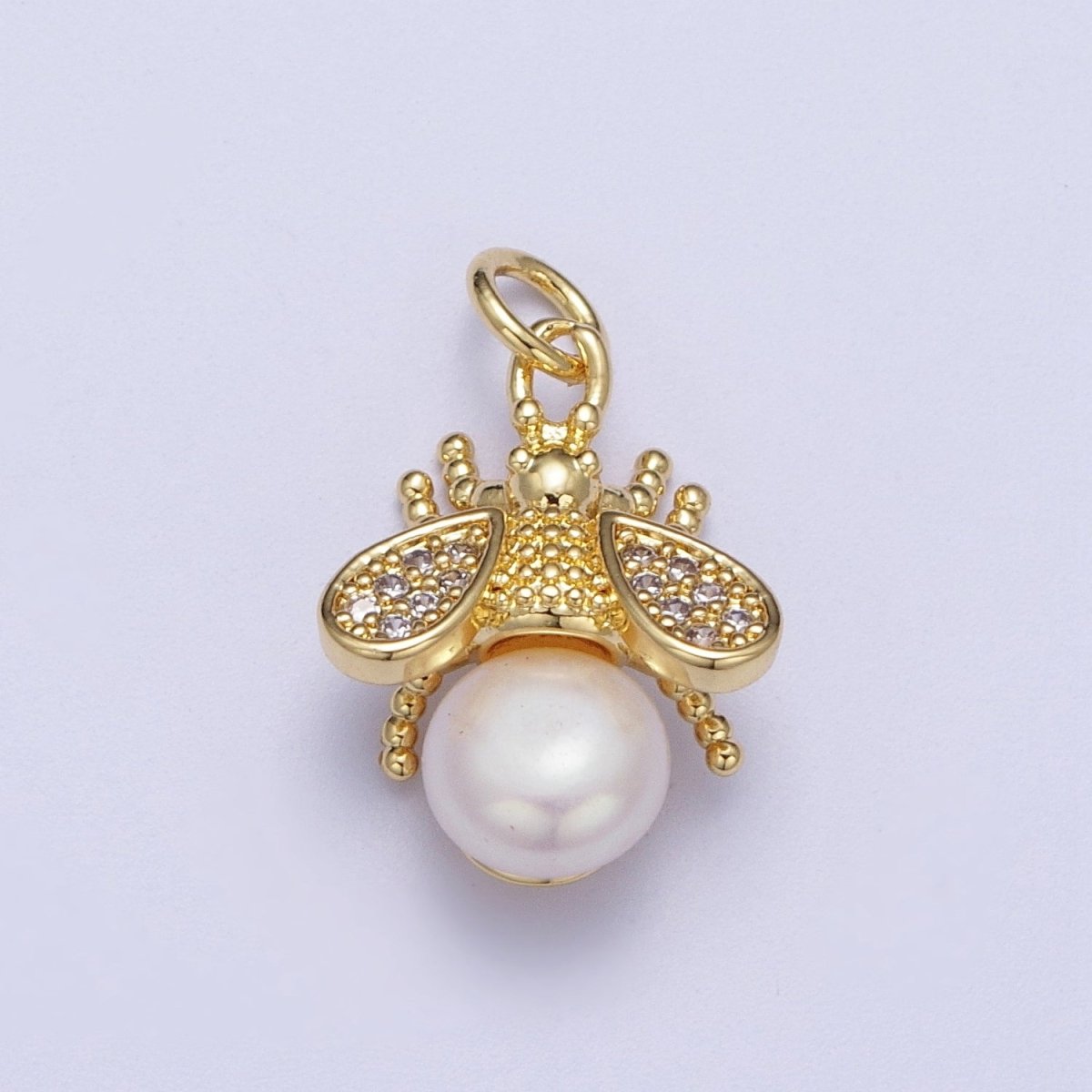 Micro Paved CZ Dotted Gold Bumble Bee Insect Round White / Purple Pearl Charm | N-714