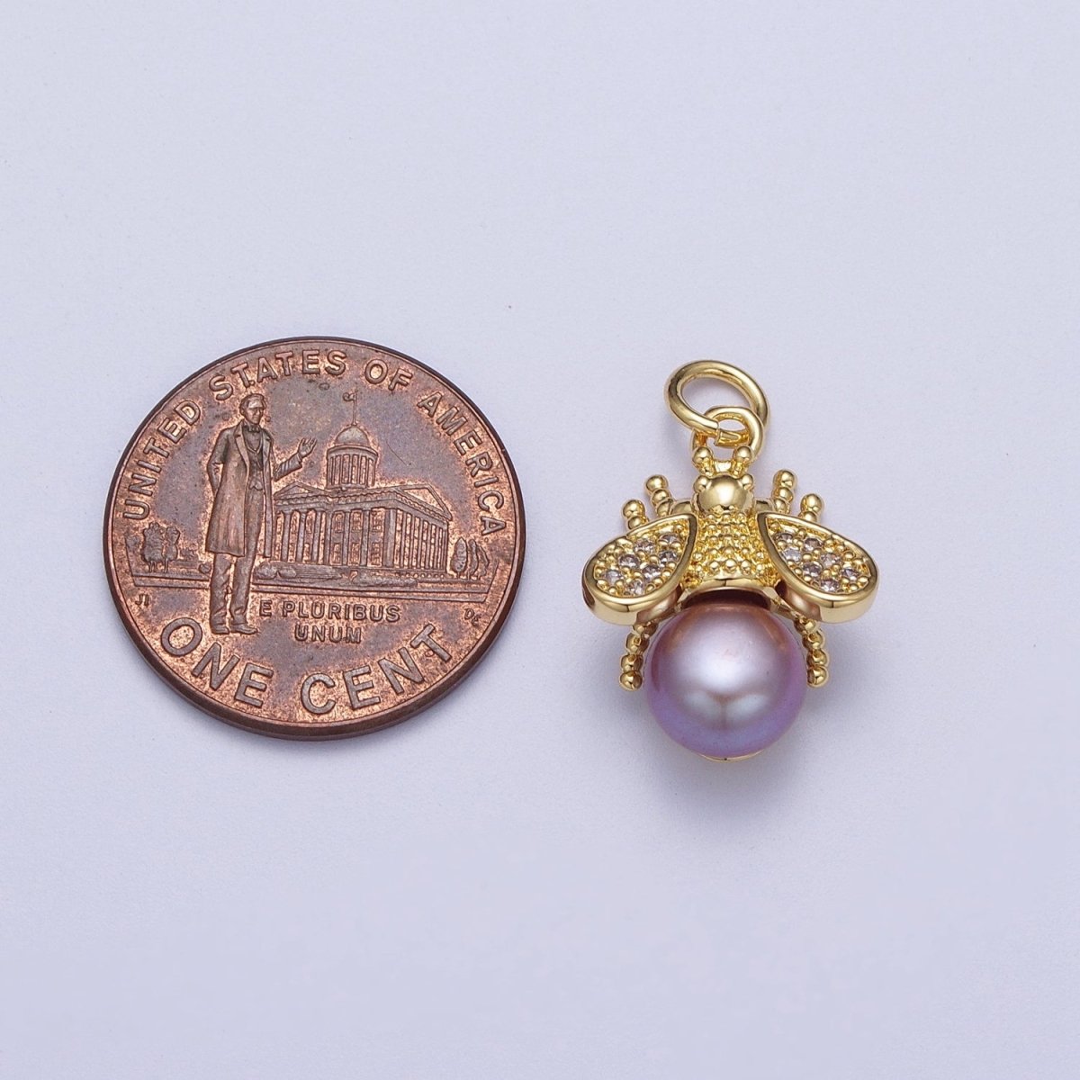 Micro Paved CZ Dotted Gold Bumble Bee Insect Round White / Purple Pearl Charm | N-714
