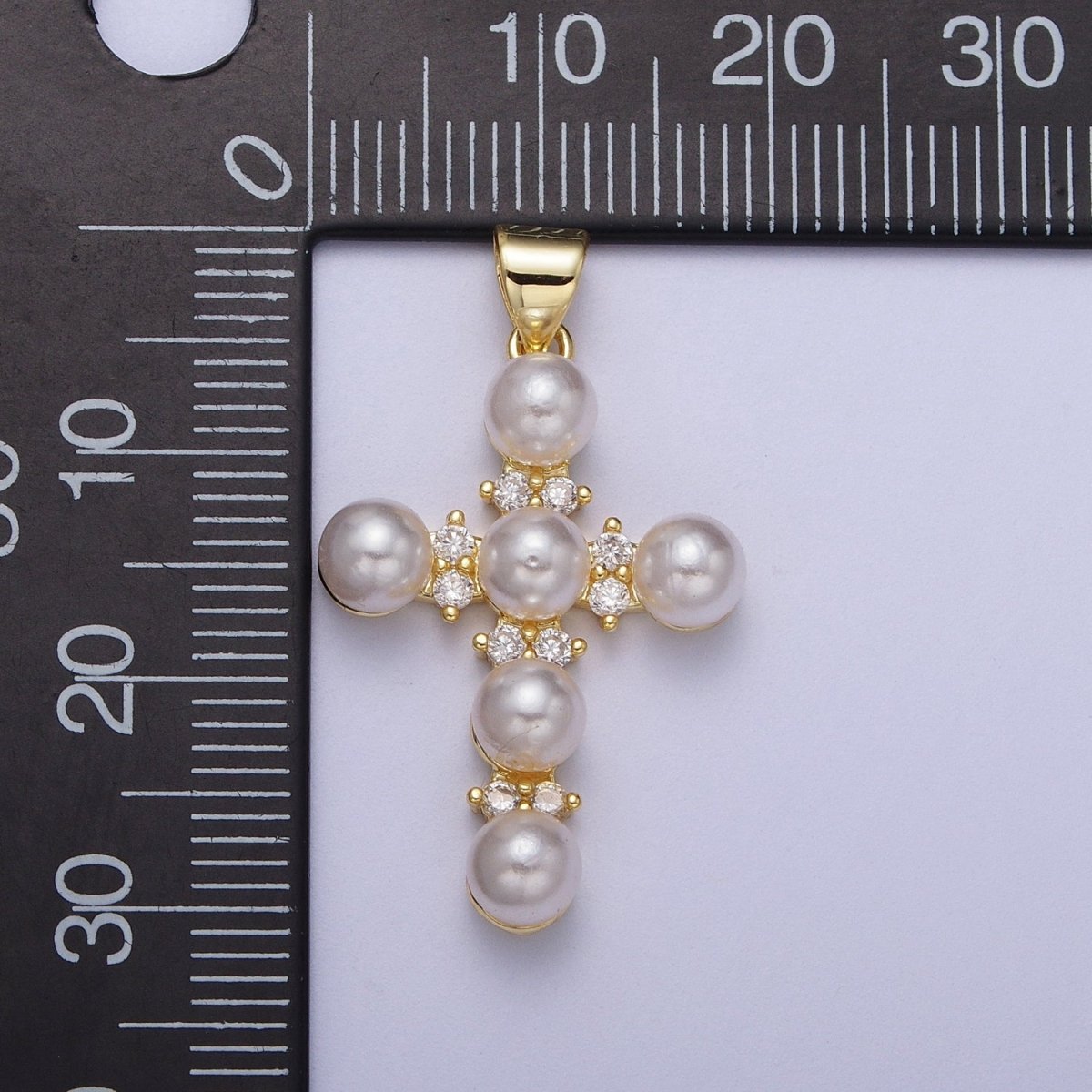 Micro Paved CZ Round White Pearl Religious Cross Gold Pendant  I-275