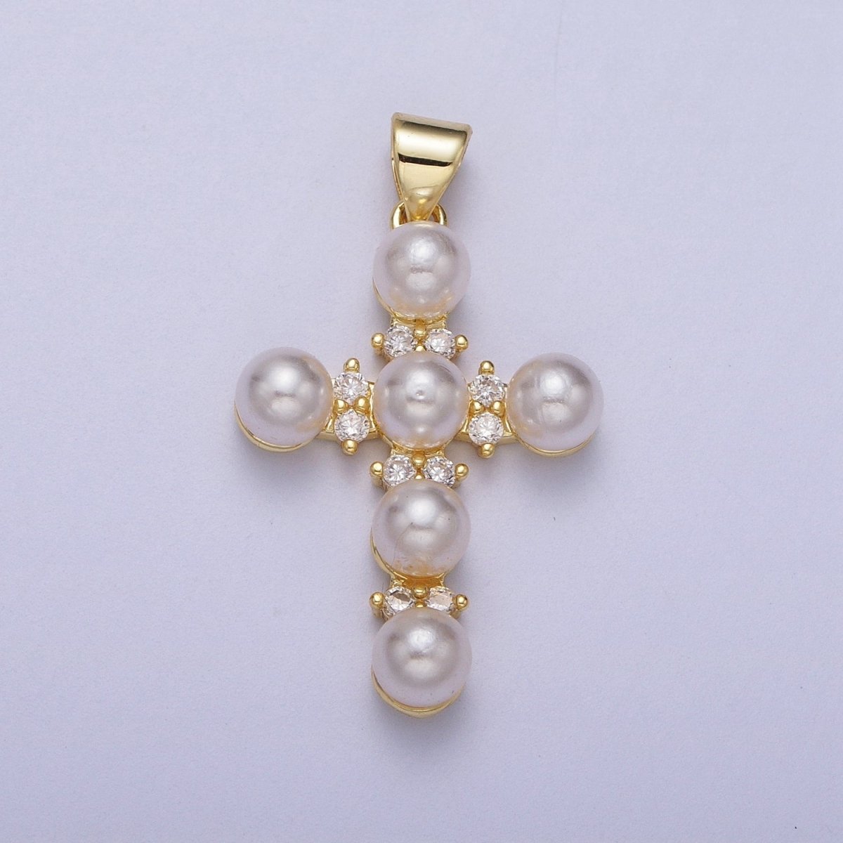 Micro Paved CZ Round White Pearl Religious Cross Gold Pendant  I-275