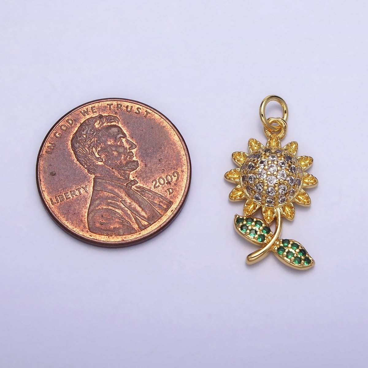 Micro Paved CZ Yellow Sunflower Plant Gold Charm | AC239