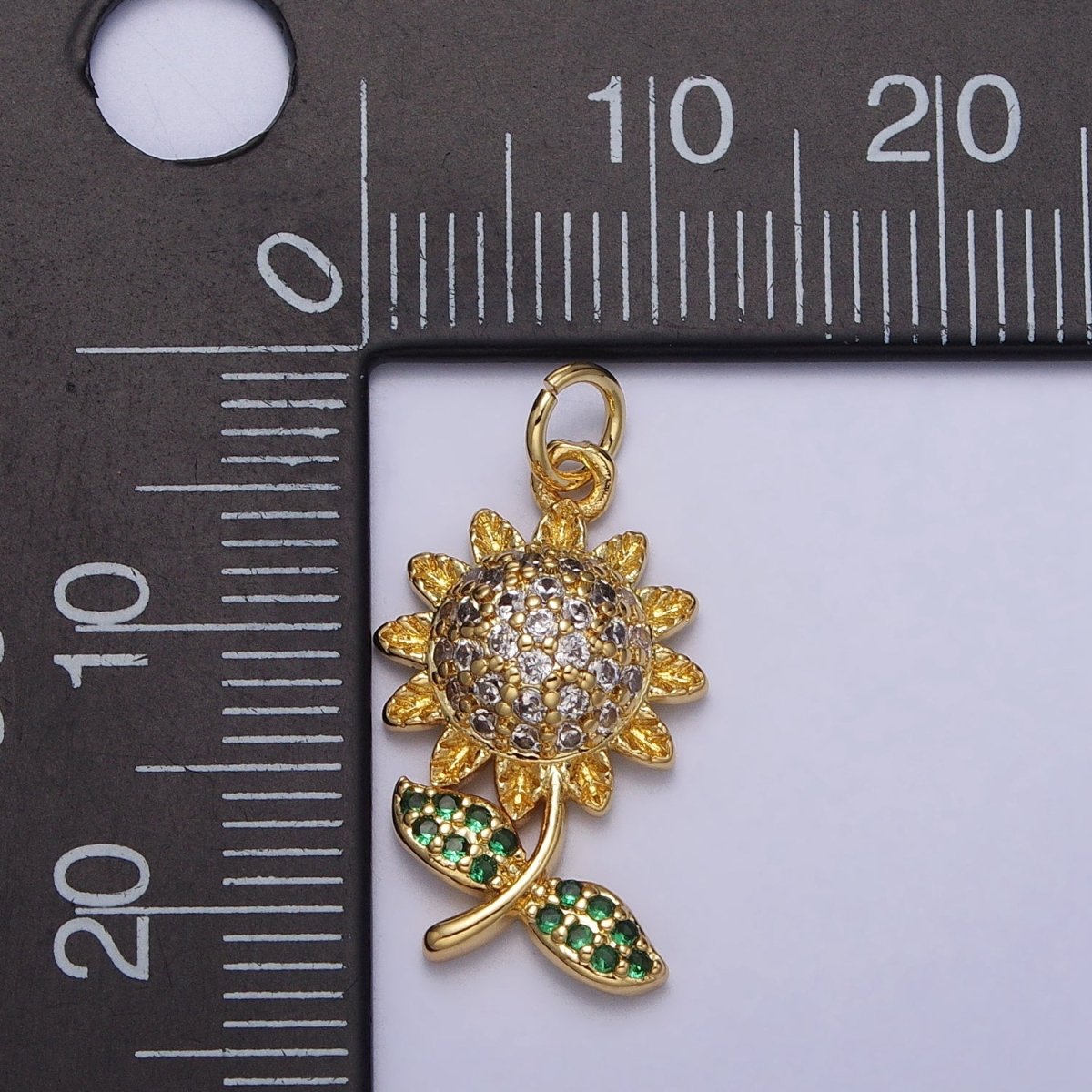 Micro Paved CZ Yellow Sunflower Plant Gold Charm | AC239