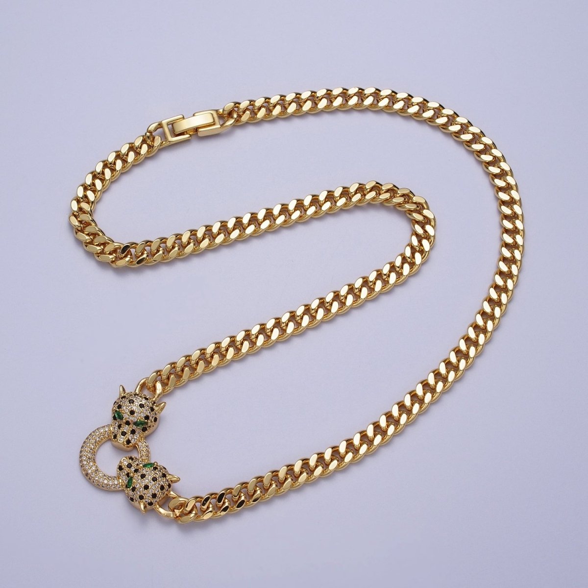 Micro Paved Green Eyed Jaguar Panther 18 Inch Curb Chain Necklace in Gold & Silver | WA-1361 WA-1362 Clearance Pricing