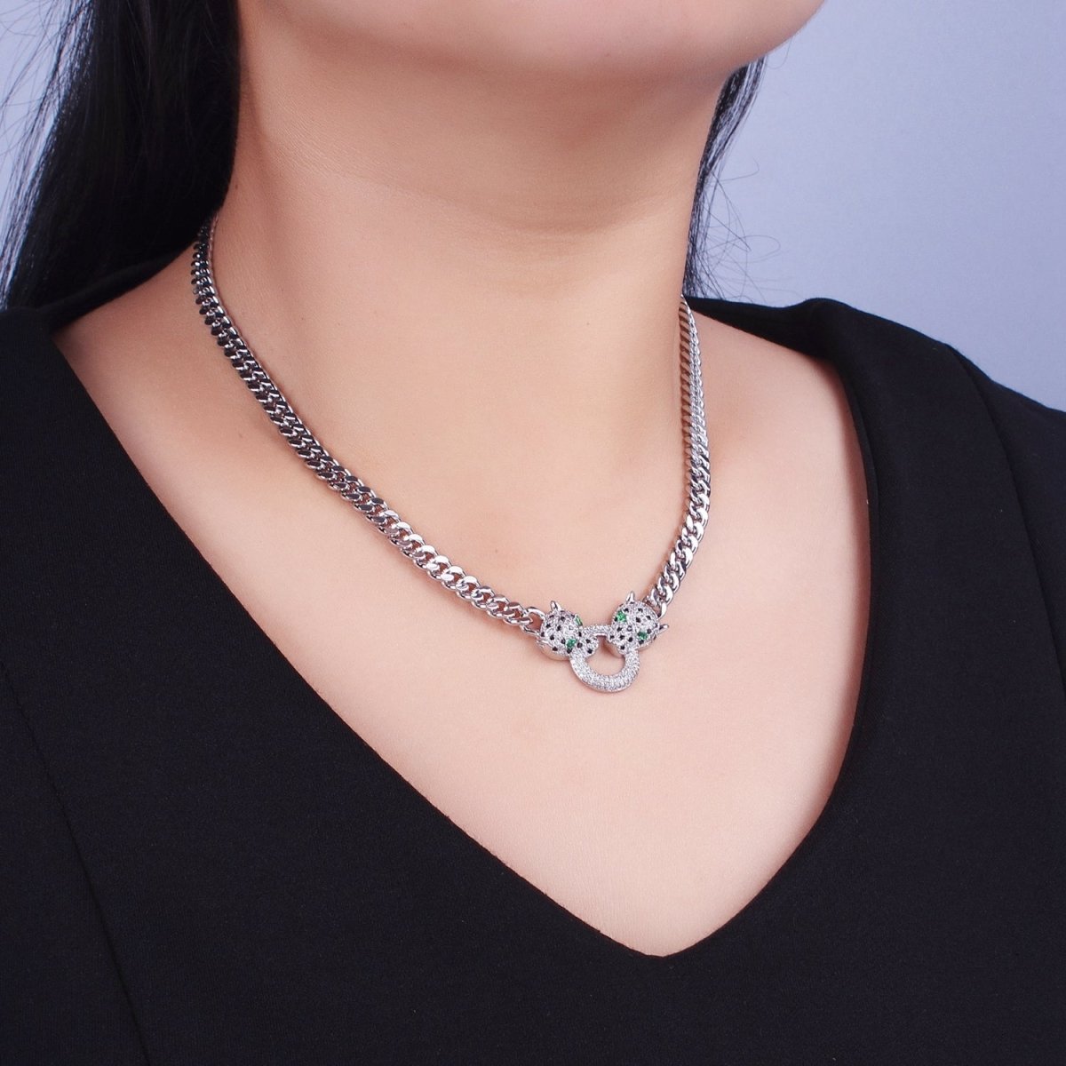 Micro Paved Green Eyed Jaguar Panther 18 Inch Curb Chain Necklace in Gold & Silver | WA-1361 WA-1362 Clearance Pricing