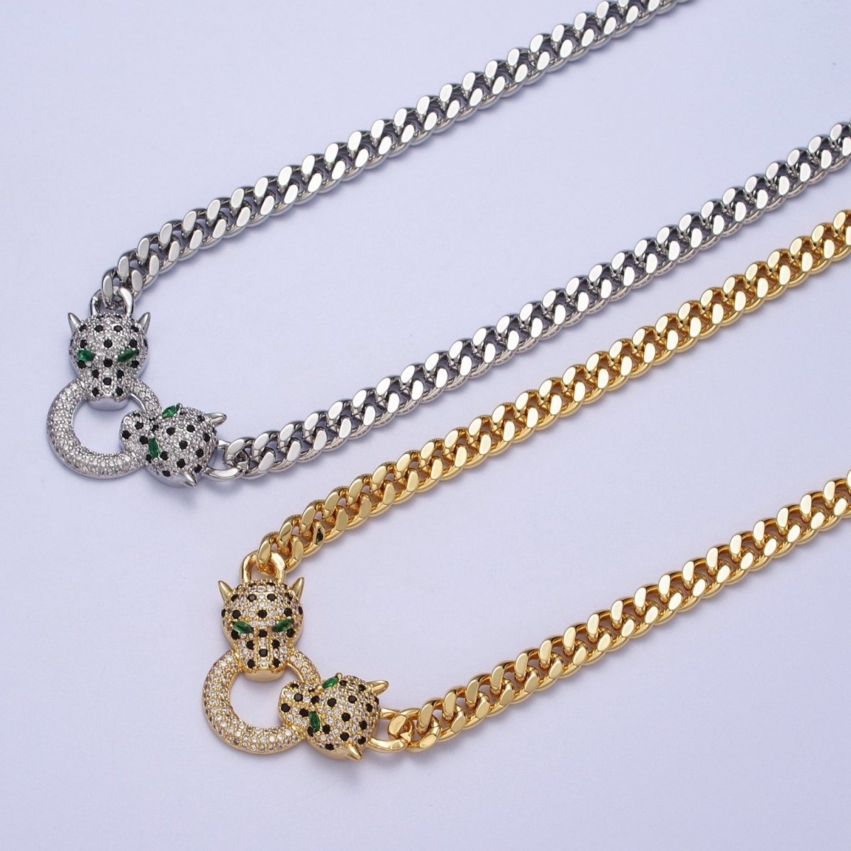 Micro Paved Green Eyed Jaguar Panther 18 Inch Curb Chain Necklace in Gold & Silver | WA-1361 WA-1362 Clearance Pricing