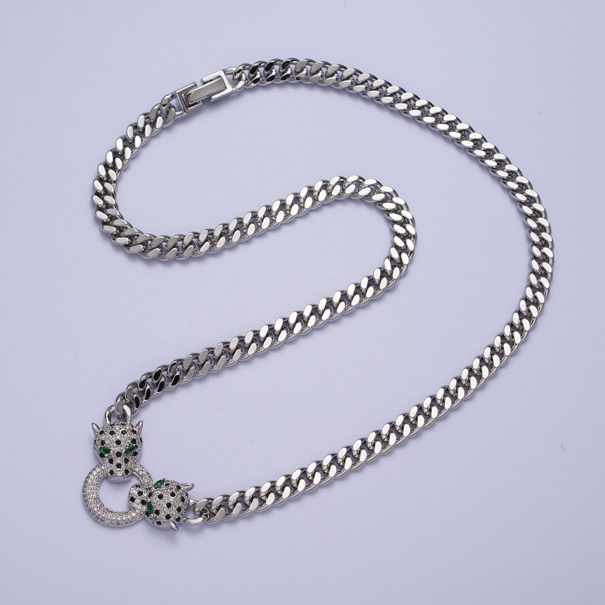 Micro Paved Green Eyed Jaguar Panther 18 Inch Curb Chain Necklace in Gold & Silver | WA-1361 WA-1362 Clearance Pricing