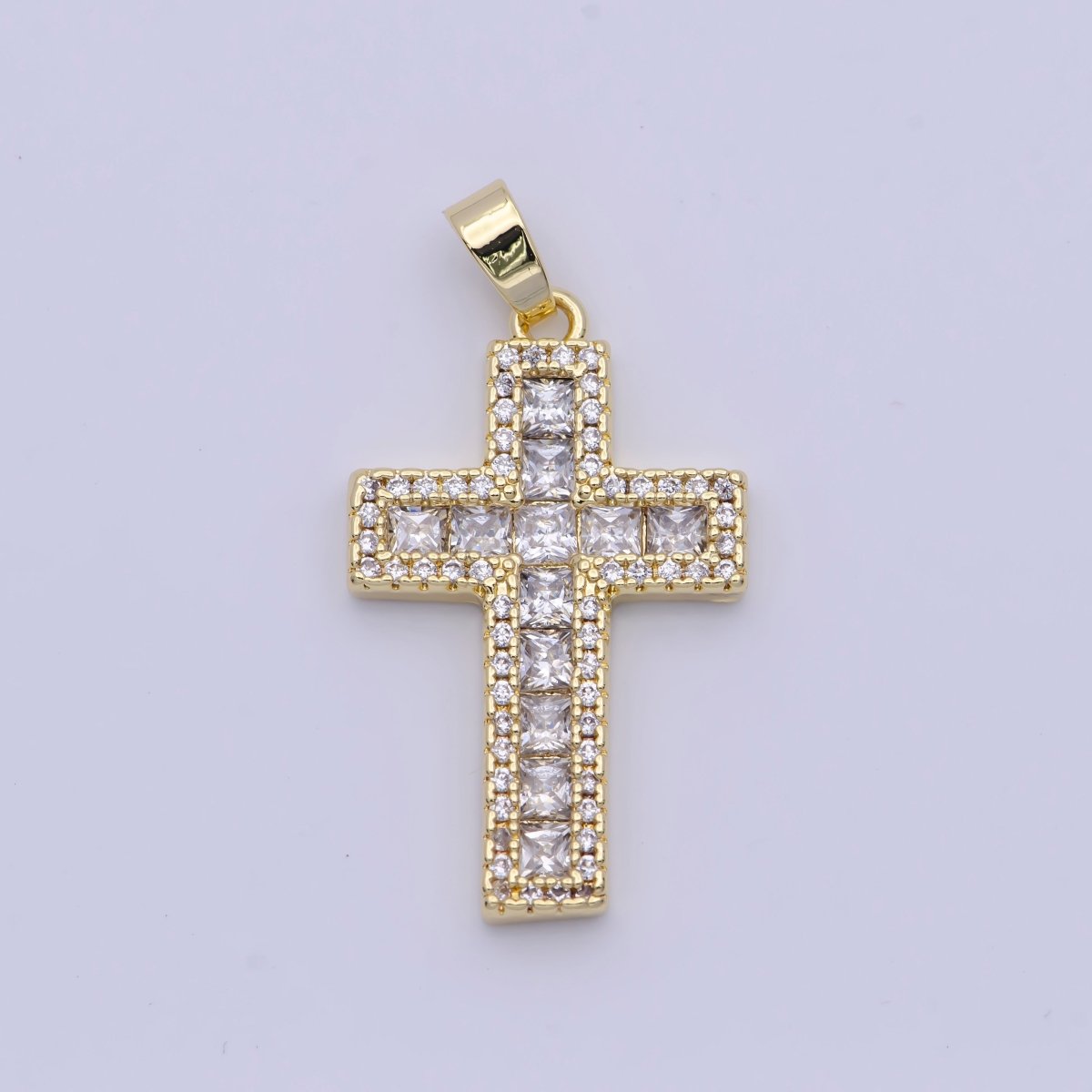 Micro Paved Square Cubic Zirconia Gold Religious Cross Pendant | X-497