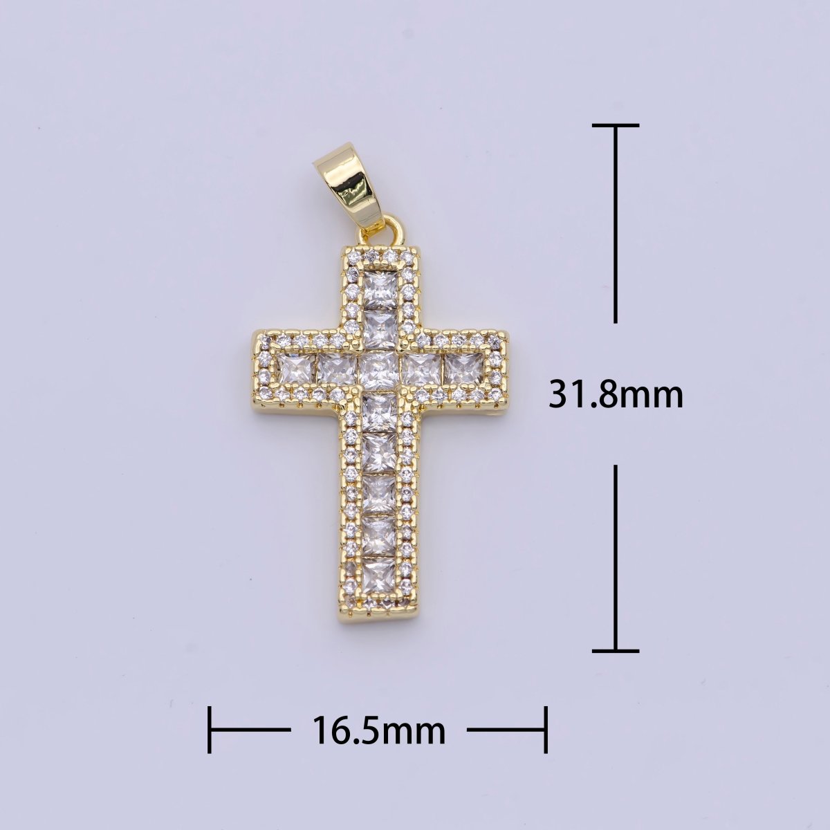 Micro Paved Square Cubic Zirconia Gold Religious Cross Pendant | X-497