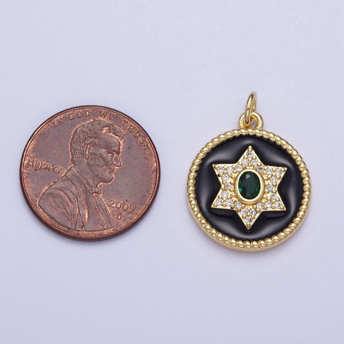 Micro Paved Star Black Enamel Round Coin Medallion Gold Charm | X-725