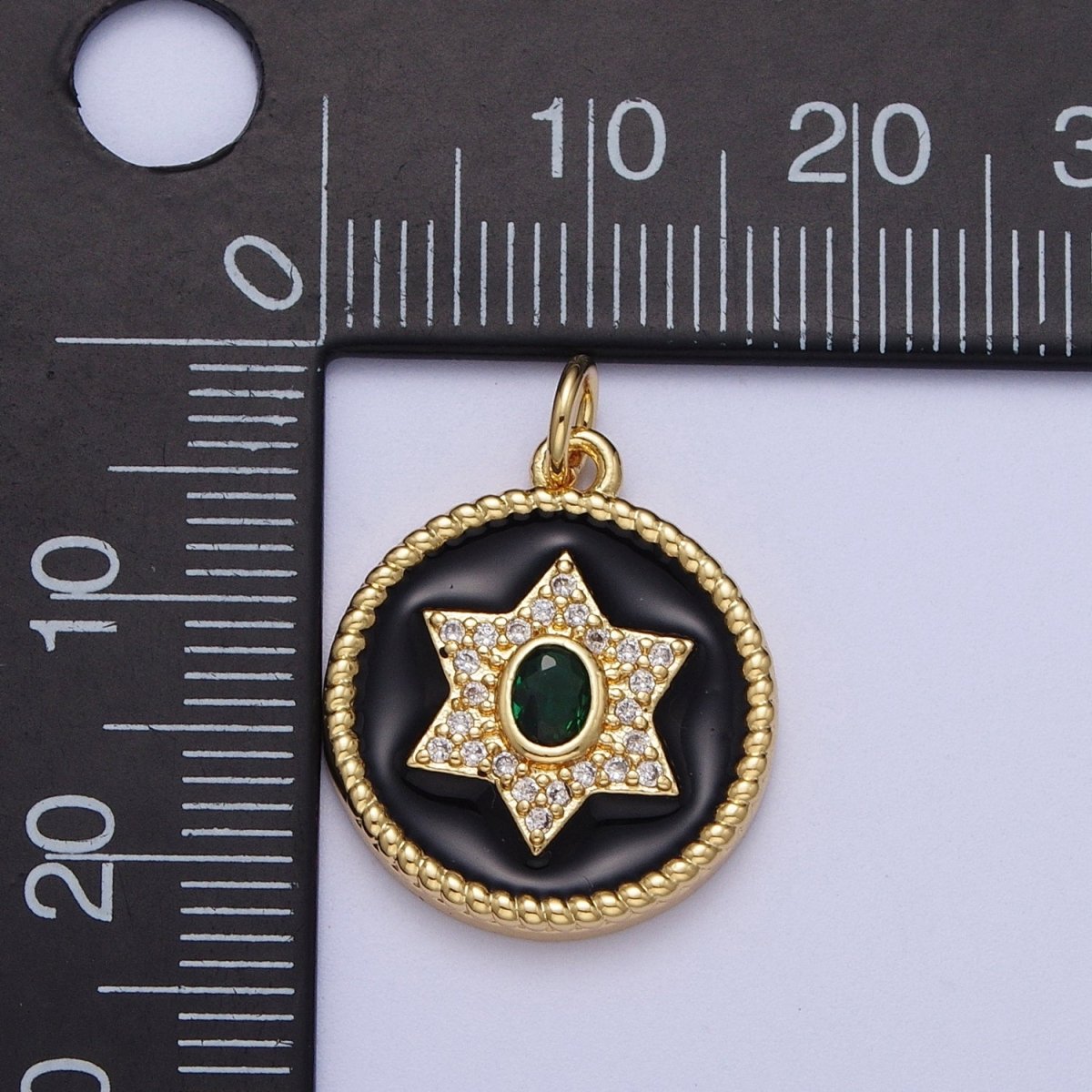 Micro Paved Star Black Enamel Round Coin Medallion Gold Charm | X-725