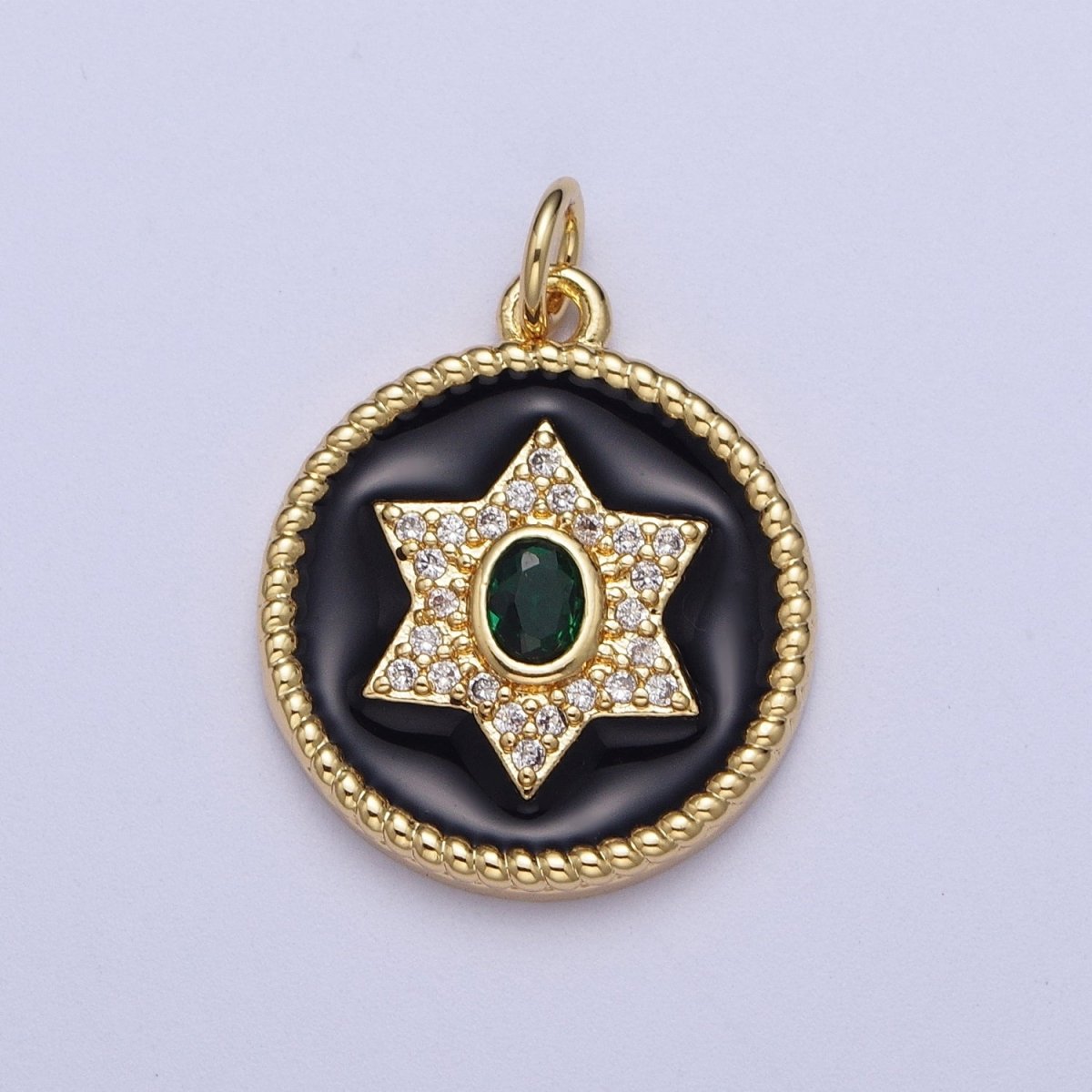 Micro Paved Star Black Enamel Round Coin Medallion Gold Charm | X-725